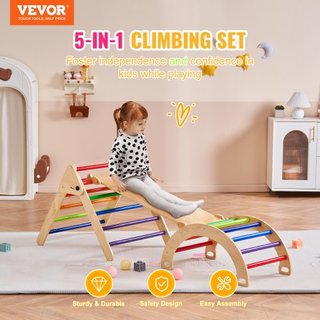 Conjunto de Triángulo Pikler, Juguetes de Escalada para Niños de 5 en 1, Parque Infantil Interior, Conjunto de Escalada Montessori con Triángulo, Rampas y Arco, Gimnasio de Escalada de Madera de G...