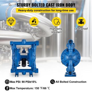 Bomba de Doble Diafragma Operada por Aire, Entrada y Salida de 1/2 pulgada, Cuerpo de Hierro Fundido, 3 GPM y Máx. 90 PSI, Bomba de Transferencia Neumática de Diafragma de Nitrilo para Petróleo, D...