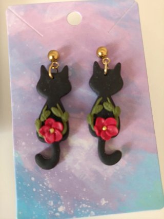 Pendientes gato negro con flores rojas acero inoxi