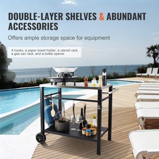 Carrito de Comedor para Parrilla al Aire Libre con Doble Estante, Mesa de Preparación de Comida Móvil para BBQ, Mesa Superior de Acero Inoxidable Multifuncional, Carritos Modulares Portátiles para...