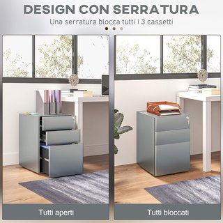 Cajonera De Oficina 3 Cajones Y Cerradura, Cajonera Para Escritorio Con Ruedas De Acero, 39X48X59 Cm, Gris