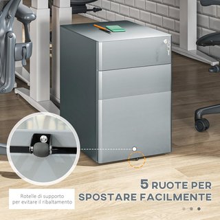 Cajonera De Oficina 3 Cajones Y Cerradura, Cajonera Para Escritorio Con Ruedas De Acero, 39X48X59 Cm, Gris