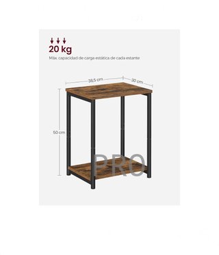Tavolo Ausiliare, Comodino, Tavolo Ausiliare con Scaffale di Archiviazione, Struttura in Acciaio, per Soggiorno, Camera da Letto, Industriale, Marrone Rustico e Nero LET271B01