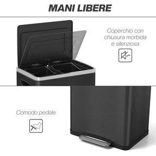 Cubos de Basura de 2 Secciones de 20L con Pedal y Tapa de Cierre Suave, Cesto de Basura de Acero Inoxidable y PP, 40X34.8X59 Cm, Negro