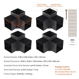 Kit de Soporte para Pérgola 6''x6''(Tamaño Interno 5.6x5.6), 4pcs Soporte de Esquina de 3 Vías de Alta Resistencia para Trabajos en Madera DIY, Kit de Base para Poste de Instalación Fácil para Gaz...