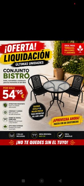 Conjunto Bistro Jardín 2 Sillas Mesa Cristal