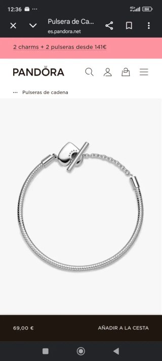 Pulsera Pandora Plata 925 Corazón talla 19