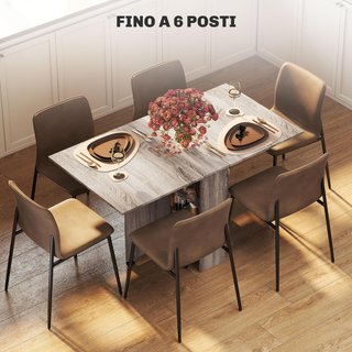 Mesa de Comedor Plegable, Mesa de Cocina con Alas para 6 Personas, Escritorio Plegable Ahorra Espacio con 2 Estantes Abiertos y Ruedas con Freno, para Sala de Estar, Oficina, 140X75X74Cm, Gris