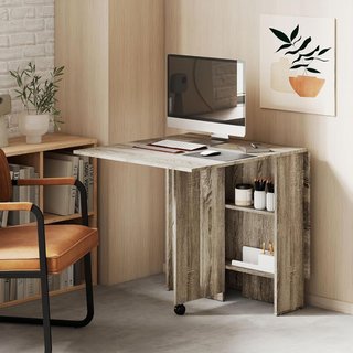 Mesa de Comedor Plegable, Mesa de Cocina con Alas para 6 Personas, Escritorio Plegable Ahorra Espacio con 2 Estantes Abiertos y Ruedas con Freno, para Sala de Estar, Oficina, 140X75X74Cm, Gris