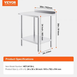 Tavolo da Lavoro in Acciaio Inox 24 x 30 x 36 Pollici, Tavolo Preparazione Alimenti Commerciale, Tavolo da Lavoro Pesante, Tavolo da Lavoro in Metallo Regolabile per Ristorante