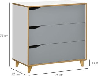 Cómoda de 3 Cajones en Aglomerado y MDF para Dormitorio y Sala de Estar, 75X42X75 Cm, Blanca, Gris y Marrón