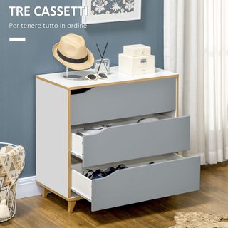 Cómoda de 3 Cajones en Aglomerado y MDF para Dormitorio y Sala de Estar, 75X42X75 Cm, Blanca, Gris y Marrón