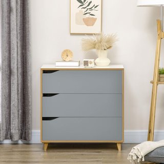 Cómoda de 3 Cajones en Aglomerado y MDF para Dormitorio y Sala de Estar, 75X42X75 Cm, Blanca, Gris y Marrón