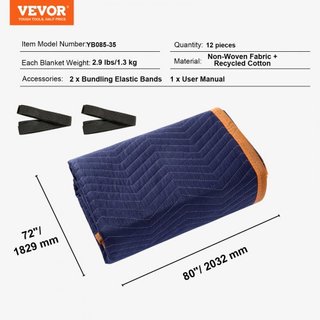 Coperte per Trasloco, 203.2 x 182.9 cm, Peso 15.9 kg/dz, 12 Pacchetti, Coperta da Imballo Professionale in Tessuto Non Tessuto e Cotone Riciclato, Cuscini per Trasloco ad Alta Resistenza per Protezione...
