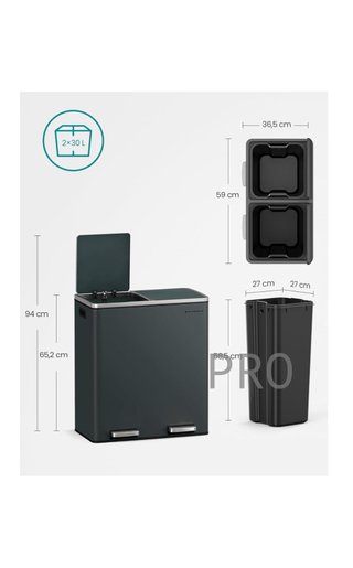 Cubo de Basura, 2 x 30 L, 2 Cubos, Reciclaje, Pedal de Metal