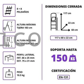 Escalera Telescópica Aluminio 4+4 Pestaña