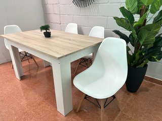 Mesa comedor 140cm con 4 sillas blancas