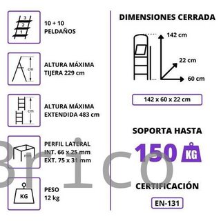 Escalera Telescópica Aluminio 5+5 Pestaña