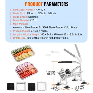 Cortadora de Verduras Comercial, Cortadora de Frutas de 1/4"+3/8"+1/2", Máquina Cortadora de Verduras de Acero Inoxidable y Aleación de Aluminio, Cortadora Manual con Pies Antideslizantes, para Rá...
