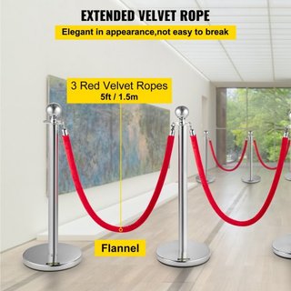 Paquete de 4 postes de stanchion retráctiles de acero inoxidable con parte superior redonda y cuerda de terciopelo roja de 1.5 m