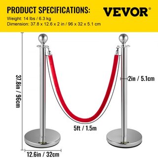Paquete de 4 postes de stanchion retráctiles de acero inoxidable con parte superior redonda y cuerda de terciopelo roja de 1.5 m
