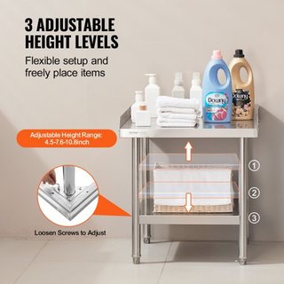 Tavolo da Lavoro in Acciaio Inox, Tavolo Preparazione Alimenti Commerciale 24 x 24 x 26 Pollici, Tavolo Preparazione Pesante con Supporto 3 Lati, Tavolo Metallo Altezza Regolabile...