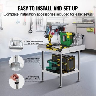 Tavolo da Lavoro in Acciaio Inox, Tavolo Preparazione Alimenti Commerciale 24 x 24 x 26 Pollici, Tavolo Preparazione Pesante con Supporto 3 Lati, Tavolo Metallo Altezza Regolabile...