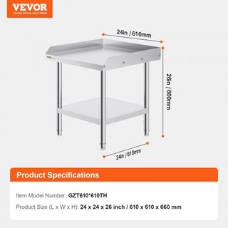Tavolo da Lavoro in Acciaio Inox, Tavolo Preparazione Alimenti Commerciale 24 x 24 x 26 Pollici, Tavolo Preparazione Pesante con Supporto 3 Lati, Tavolo Metallo Altezza Regolabile...