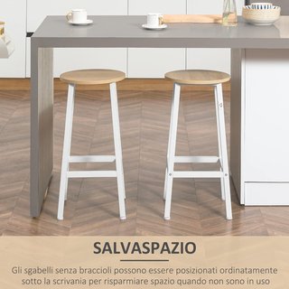 Conjunto de 2 Taburetes de Madera y Acero, Taburetes de Cocina con Reposapiés para Sala de Estar, Comedor, Cocina y Bar, Estilo Industrial, 32.5X32.5X65 Cm, Blanco y Color Madera