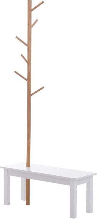 Banco Con Perchero De Entrada, Perchero De Pie De Bambú, Banco De Entrada Blanco, Diseño, También Para Dormitorio, 80X30X180Cm, Blanco Madera