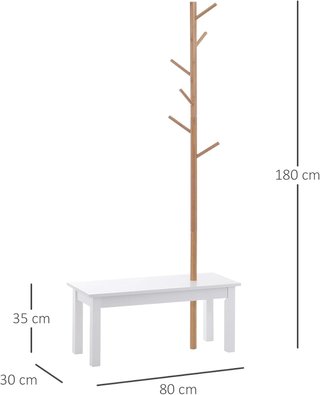 Banco Con Perchero De Entrada, Perchero De Pie De Bambú, Banco De Entrada Blanco, Diseño, También Para Dormitorio, 80X30X180Cm, Blanco Madera