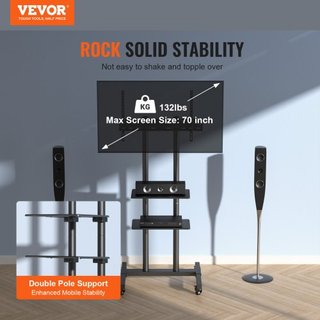 Soporte de TV Móvil, Carro de TV Móvil para TVs de 32 a 70 pulgadas, Soporte de TV Portátil Ajustable en Altura con Ruedas, Doble Bandeja para Dispositivos Audiovisuales, Soporte de TV Rodante con...