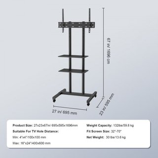 Soporte de TV Móvil, Carro de TV Móvil para TVs de 32 a 70 pulgadas, Soporte de TV Portátil Ajustable en Altura con Ruedas, Doble Bandeja para Dispositivos Audiovisuales, Soporte de TV Rodante con...