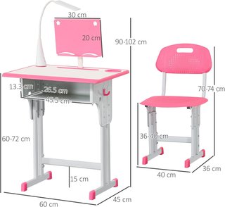 Tavolo per Bambini 6-12 Anni con Altezza Regolabile, Lampada LED,leggio e Scaffale, Set Tavolo con Sedia per Bambini in PP, Acciaio e MDF, Rosa