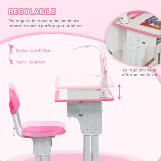 Tavolo per Bambini 6-12 Anni con Altezza Regolabile, Lampada LED,leggio e Scaffale, Set Tavolo con Sedia per Bambini in PP, Acciaio e MDF, Rosa