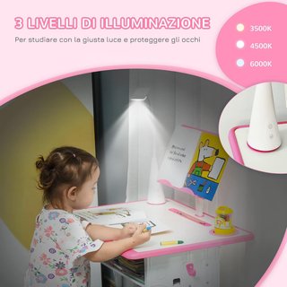 Tavolo per Bambini 6-12 Anni con Altezza Regolabile, Lampada LED,leggio e Scaffale, Set Tavolo con Sedia per Bambini in PP, Acciaio e MDF, Rosa