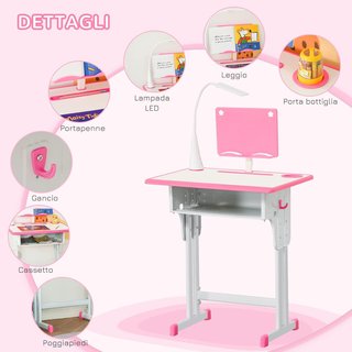 Tavolo per Bambini 6-12 Anni con Altezza Regolabile, Lampada LED,leggio e Scaffale, Set Tavolo con Sedia per Bambini in PP, Acciaio e MDF, Rosa
