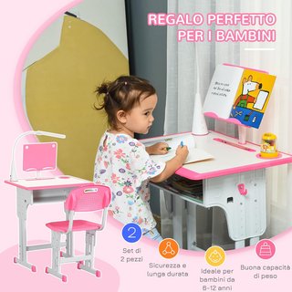 Tavolo per Bambini 6-12 Anni con Altezza Regolabile, Lampada LED,leggio e Scaffale, Set Tavolo con Sedia per Bambini in PP, Acciaio e MDF, Rosa