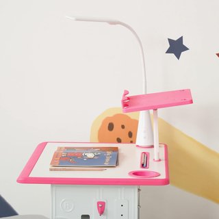 Tavolo per Bambini 6-12 Anni con Altezza Regolabile, Lampada LED,leggio e Scaffale, Set Tavolo con Sedia per Bambini in PP, Acciaio e MDF, Rosa