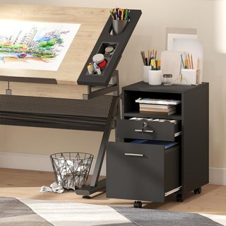 Archivador De Oficina Con 2 Cajones, 5 Ruedas Y Estante Abierto, Cajonera De Oficina Con Cerradura Y 2 Llaves para Carta/Formato A4, Armario Vertical Para Estudio, 39X40X65 Cm, Negro