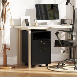 Archivador De Oficina Con 2 Cajones, 5 Ruedas Y Estante Abierto, Cajonera De Oficina Con Cerradura Y 2 Llaves para Carta/Formato A4, Armario Vertical Para Estudio, 39X40X65 Cm, Negro