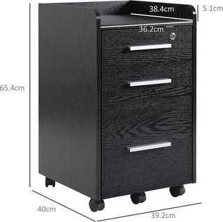 Archivador De Oficina Con 3 Cajones, 5 Ruedas, Cajonera De Oficina Con Cerradura Y 2 Llaves para Carta/Legal/Formato A4, Armario Vertical Para Estudio, 39.2X40X65.4 Cm, Negro