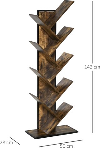 Librería en Forma de Árbol de Madera, Estante Ahorrador de Espacio en Columna con 10 Estantes en Estilo Industrial, 50X28X142Cm