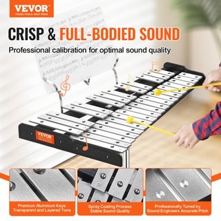 Kit de Campanas Glockenspiel de 32 Notas, Conjunto de Instrumentos de Percusión Profesional con Baquetas, Palos de Tambor, Soporte de Música, Soporte Ajustable y Bolsa de Transporte para Estudiant...