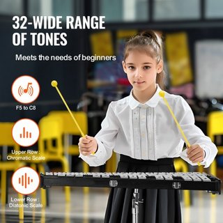 Kit de Campanas Glockenspiel de 32 Notas, Conjunto de Instrumentos de Percusión Profesional con Baquetas, Palos de Tambor, Soporte de Música, Soporte Ajustable y Bolsa de Transporte para Estudiant...