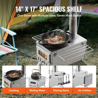 Estufa de Madera, 203.20 cm, Estufa de Camping de Acero Inoxidable, Estufa Portátil de Leña con Tubos de Chimenea y Guantes, Estufa Caliente para Tienda de 11471 cm³ para Cocinar y Calentar al Air...