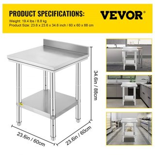 Tavolo da Lavoro in Acciaio Inox 24 x 24 x 35 Pollici, Tavolo Preparazione Alimenti Commerciale, Tavolo da Lavoro Pesante, Tavolo da Lavoro in Metallo con Altezza Regolabile per Ristorante