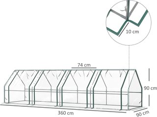 Invernadero de Jardín 360X90X90 Cm Con 4 Puertas Enrollable con Cremallera, Invernadero para Huerto Con Estructura de Acero y Cubierta de PVC, para Huerto Verduras Flores Frutas, Transparente