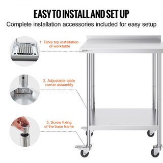 Tavolo da Lavoro in Acciaio Inox 24 x 30 x 40 Pollici, Tavolo Prep. Cibi Comm. con Ruote, Tavolo da Lavoro Pesante, Tavolo Metallo Ajust. Altezza per Ristoranti...