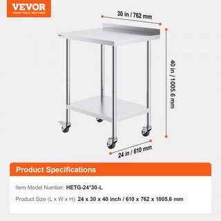 Tavolo da Lavoro in Acciaio Inox 24 x 30 x 40 Pollici, Tavolo Prep. Cibi Comm. con Ruote, Tavolo da Lavoro Pesante, Tavolo Metallo Ajust. Altezza per Ristoranti...